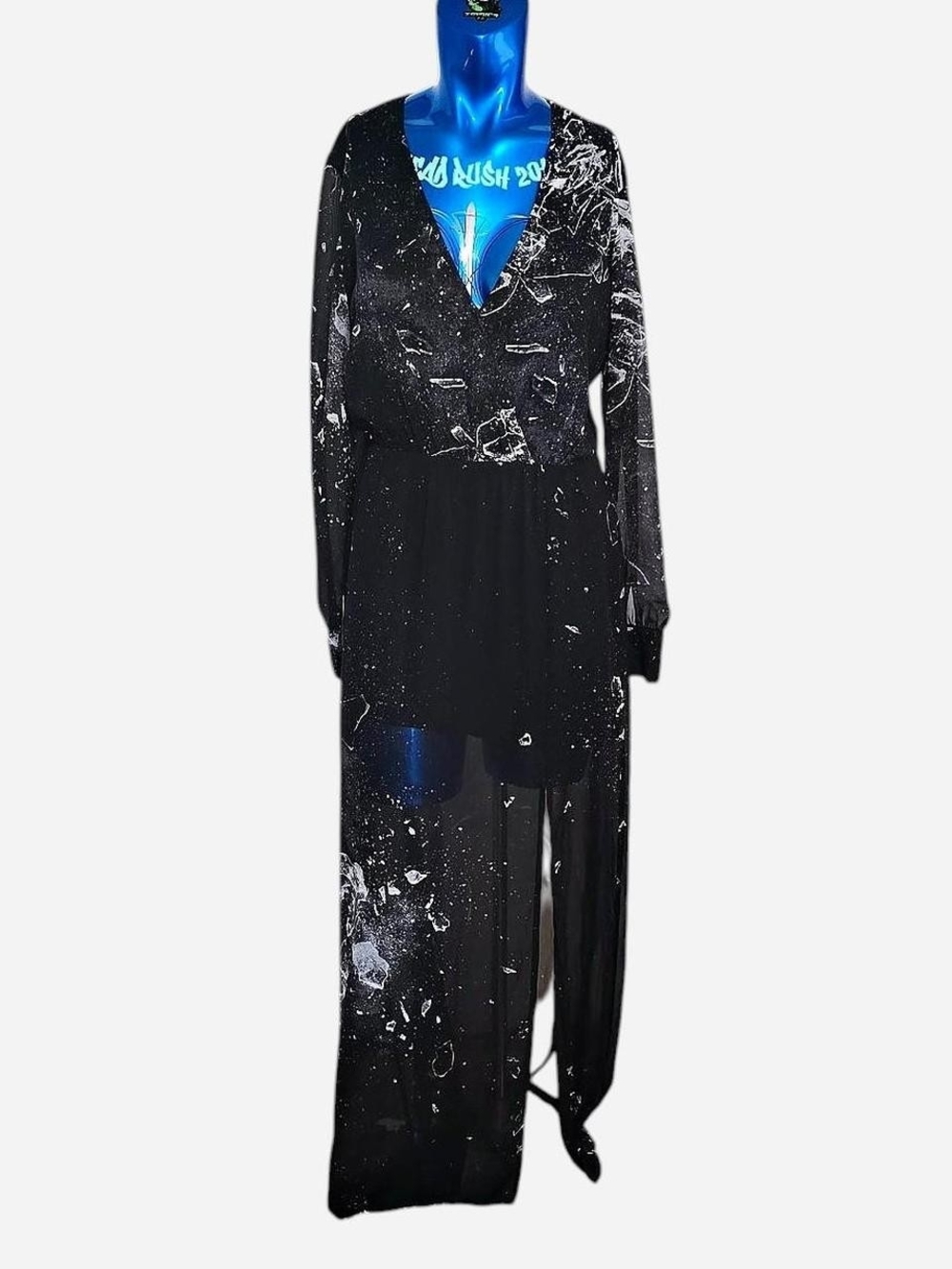 Divided Black Sheer Long-Sleeve Maxi Dress with White Abstract Speckle